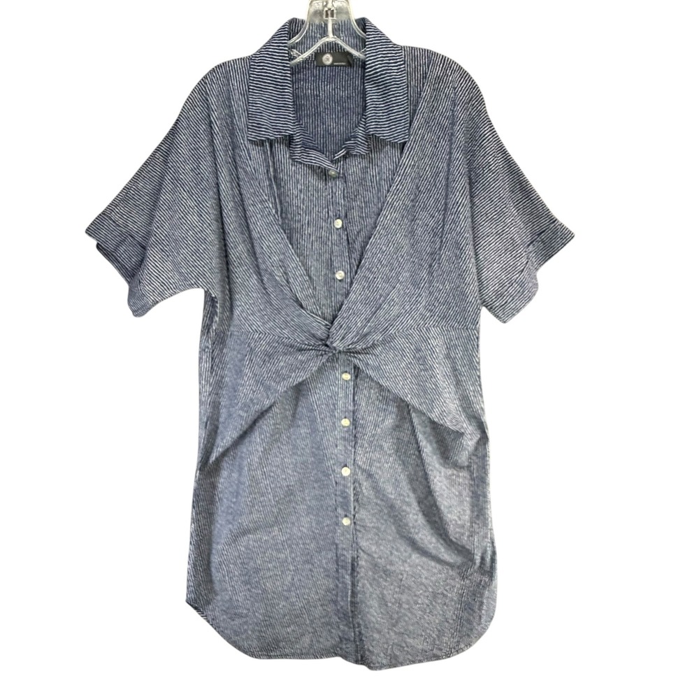 M Made in Italy Knot Front Shirt Dress Womens S Blue Striped Cotton Button Down